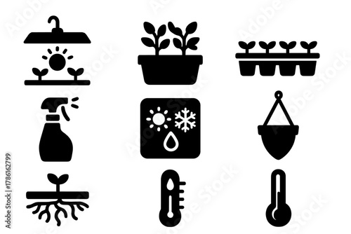 Indoor Gardening Icons. Solid style icons of Indoor Gardening: grow lamp, potted herbs, seedling tray, mist sprayer, climate box,