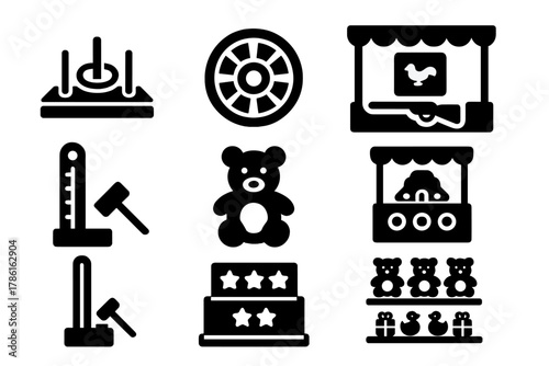 Fairground Game Icons. Solid style icons of Fairground Games: ring toss, dartboard, shooting gallery, mallet game, stuffed toy,