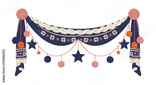 A festive illustration of a decorative banner, featuring star and floral patterns, pom-poms, and a braided trim, perfect for celebrations.