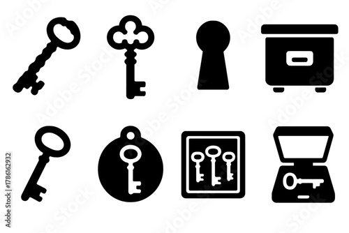 Antique Key Icons. Solid style icons of Antique Key Collecting: rusted key, ornate bow, keyhole, labeled drawer, skeleton key,
