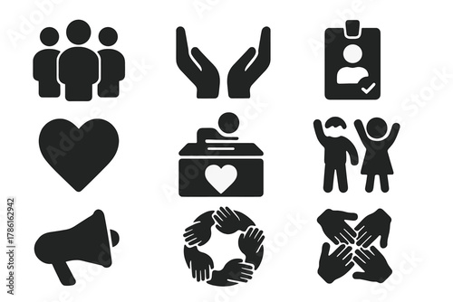Community Involvement Icons. Solid style icons of community involvement: group of people, open hands, volunteer badge, heart,
