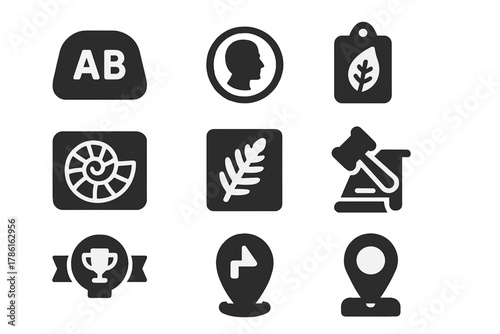Symbolic Artifacts Icons. Solid style icons of symbolic artifacts: paperweight with initials, commemorative coin icon, artifact