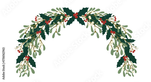 A festive illustration of a Christmas garland featuring holly, mistletoe, and berries, perfect for holiday decorations and seasonal designs.