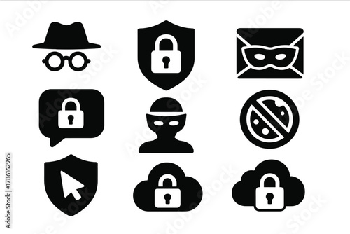 Privacy Tools Icons. Solid style icons of Privacy Tools: incognito browser, secure VPN, masked email, encrypted chat, anonymized