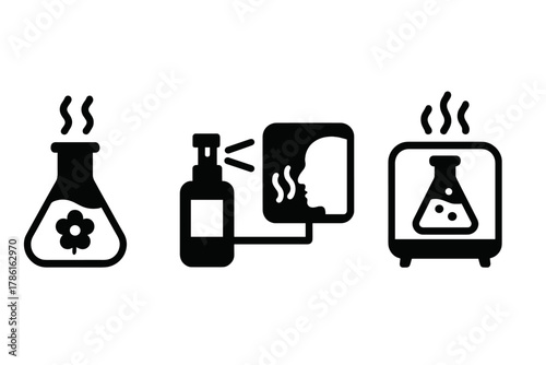 Scent Experimentation Icons. Solid style icons of scent experimentation: lab flask with fragrance, trial aroma setup, scent