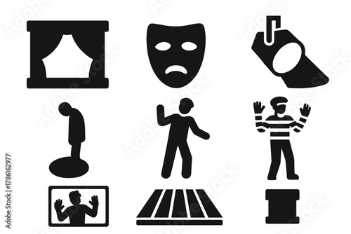 Silent Theater Icons. Solid style icons of Silent Theater: black stage, mime mask, spotlight circle, dramatic shadow, still figure