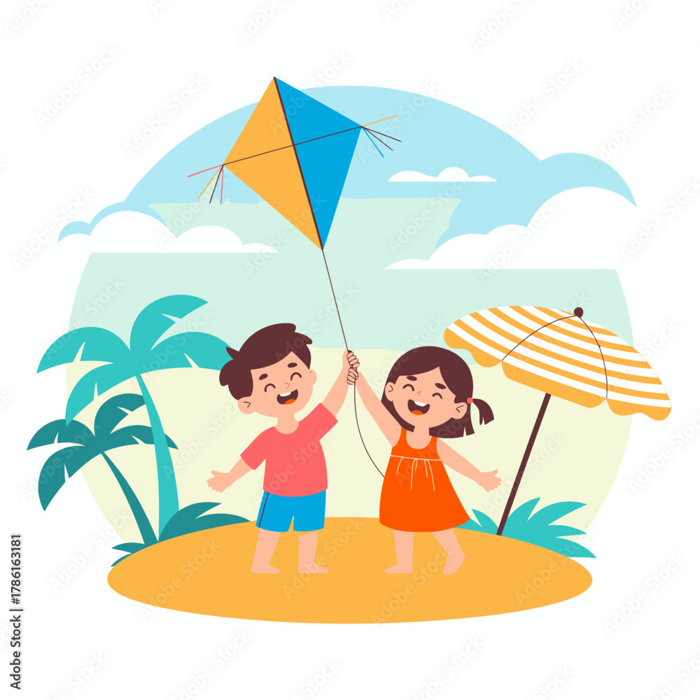 Fototapeta premium Happy Kids Flying a Kite on the Beach – Fun Summer Cartoon Illustration.
