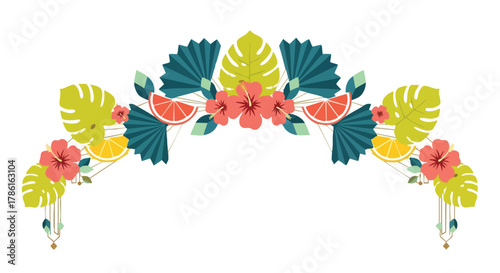 A vibrant tropical illustration features lush green monstera leaves, delicate hibiscus flowers, and refreshing citrus fruits, perfect for summer designs.