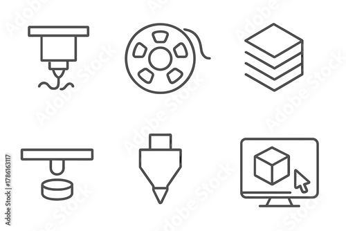 3D Printing Icons. Line style icons of 3D Printing: Printer Head, Filament Spool, 3D Object, Layered Structure, Print Platform,