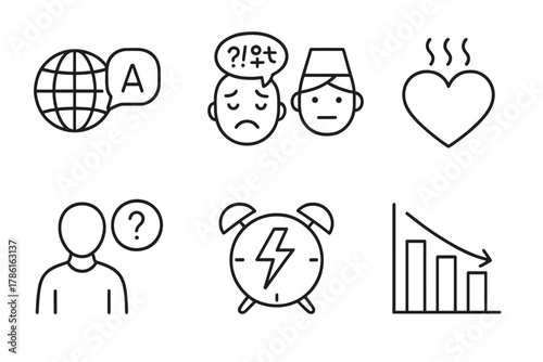 Voluntourism Challenge Icons. Line style icons of challenges in voluntourism: language barrier icon, cultural misunderstanding
