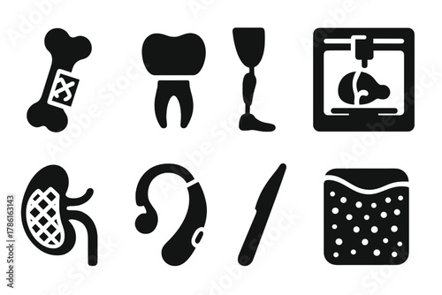 Medical 3D Printing Icons. Solid style icons of Medical 3D Printing: bone implant, dental crown, prosthetic limb, bioprinter,
