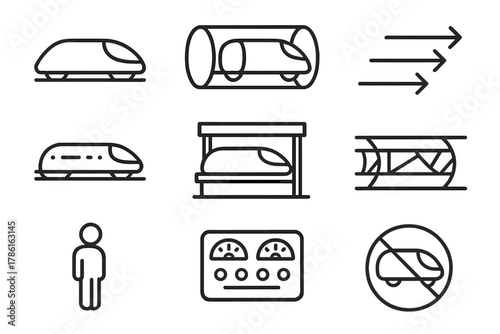 Hyperloop Line Icons. Line style icons of Hyperloop: Pod, Vacuum Tube, High Speed, Transport, Station, Track, Passenger, Control