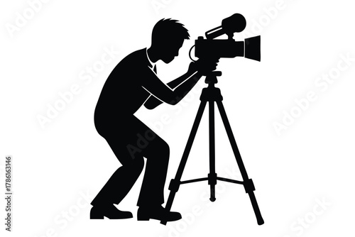 man-taking-photo-using-tripod-black-and-white-silhouette