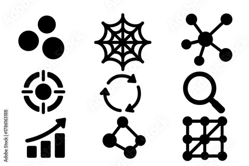 Unsupervised Learning Icons. Solid style icons of unsupervised learning: cluster dots, web, graph nodes, arrows, circles,
