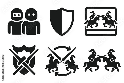Team Joust Icons. Solid style icons of team-based jousts: duo bot icon, color-coded shield badge, synced charge slab. Multi-lane