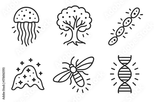 Bioluminescent Art Icons. Line style icons of bioluminescent art: glowing jellyfish shape, genetically lit-up tree, fluorescent