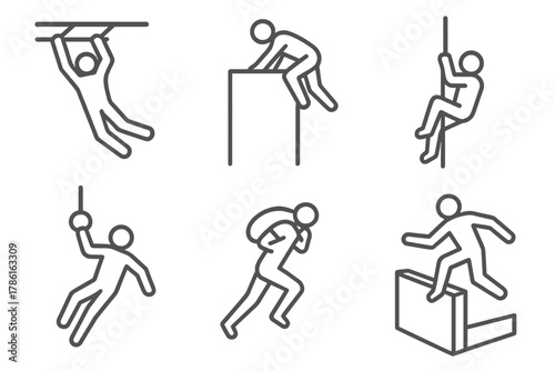 Elite OCR Icons. Line style icons of elite OCR techniques: bar transition grip, explosive wall climb, fast rope descend,