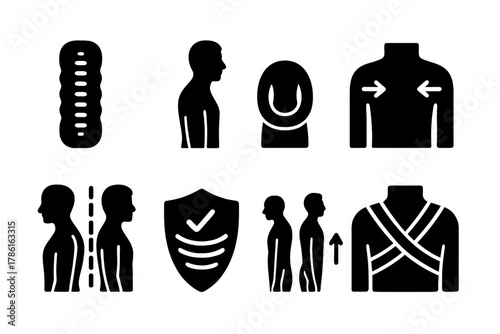 Posture Correction Icons. Solid style icons of posture correction support: spinal air pad icon, upright body glyph, back pressure