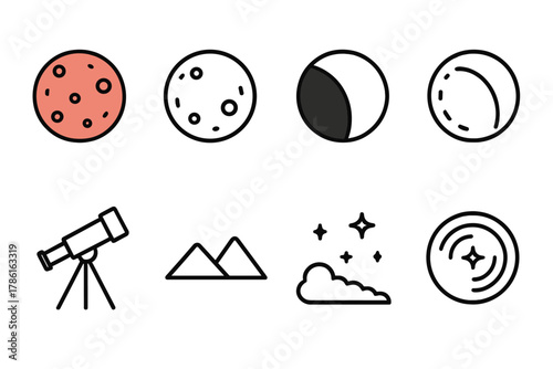 Lunar Eclipse Icons. Line style icons of Lunar Eclipse: Red-Tinged Moon, Shadow Arc, Umbra Phase, Penumbra Layer, Telescope Lens,