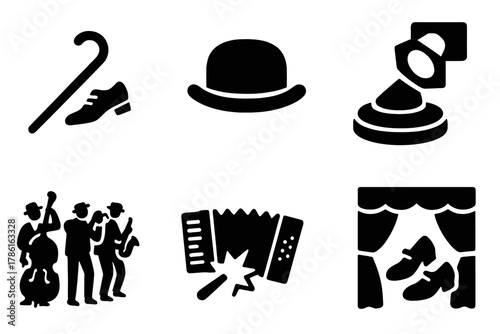 Vaudeville Icons Collection. Solid style icons of Vaudeville Tradition: dancing cane, bowler hat, spotlight stage, jazz band,