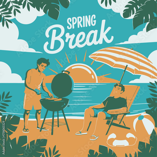 Spring Break Beach Party with Barbecue and Friends – Fun Tropical Vacation Illustration. 