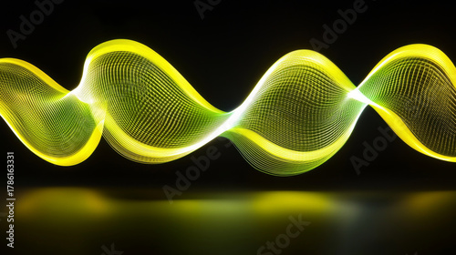 Yellow light wave ribbon flowing across dark background with glowing motion