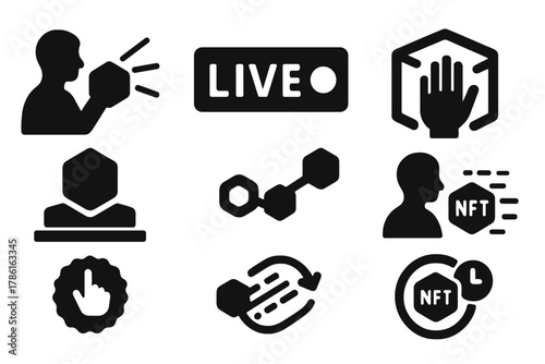 Real-Time NFT Minting Icons. Solid style icons of real-time NFT minting: performer with mint beam, live gesture recording icon,