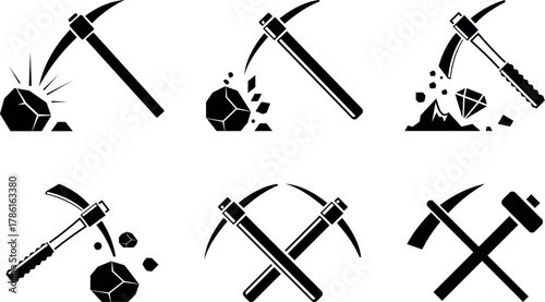 Pickaxe and mining icons collection – rock breaking, gem/diamond, crossed tools – monochrome vector