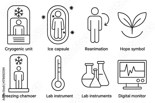Cryonics Icon Set. Line style icons of Cryonics: Cryogenic Unit, Ice Capsule, Reanimation, Hope Symbol, Freezing Chamber,