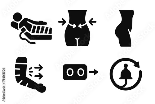 Pneumatic Sculpting Icons. Solid style icons of pneumatic body sculpting: air pressure suit, body compression wave, sculpted