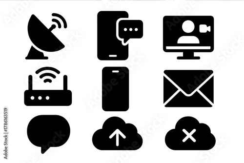 Communication Tech Icons. Solid style icons of Communication Technology: satellite dish, messaging app, video call, network router