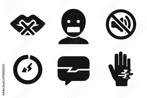 Silent Icons Collection. Solid style icons of non-verbal disruption: crossed-out lips glyph, mute face icon, blocked wave badge.
