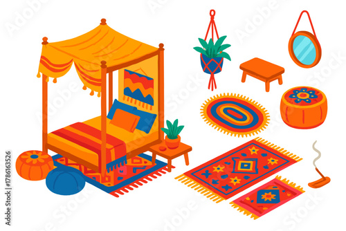 Bohemian Bedroom Design. Isometric vector illustration set Interior layout – bohemian bedroom canopy bed, floor cushions, tapestry