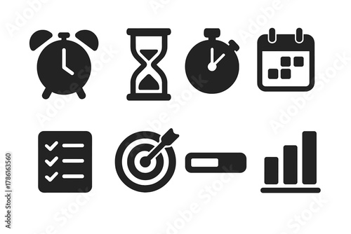 Productivity Symbol Icons. Solid style icons of productivity symbols: alarm clock, hourglass, stopwatch, calendar page, task list,