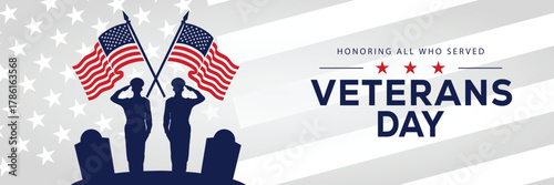 Veterans Day banner with a soldier silhouette saluting, flanked by American flags, set against a background of stars and stripes. Honors veterans and service members who served the USA.