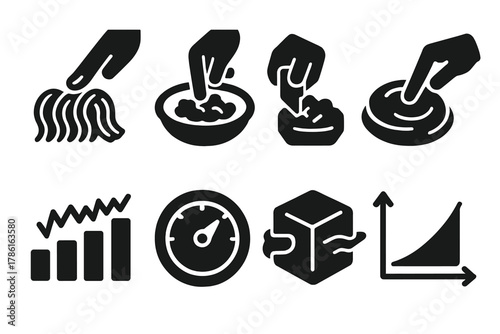 Pressure-Responsive Food Icons. Solid style icons of flavor through pressure: pressure-sensitive noodle icon, squish-responsive