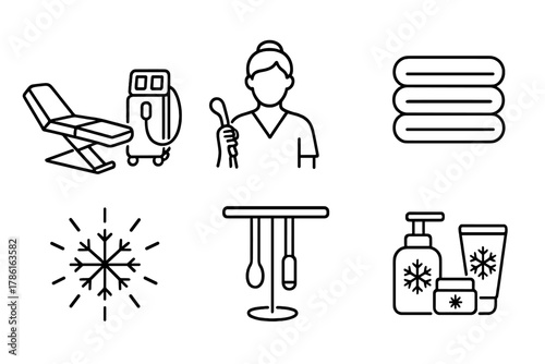 Cryo Facial Setup Icons. Line style icons of spa cryo facial setup: treatment bed with device, spa staff holding wand, clean towel