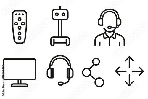 Telepresence Icon Set. Line style icons of Telepresence: Remote Control, Robot, Camera, Operator, Monitor, Headset, Network,