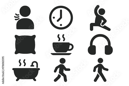 Stress Relief Icons. Solid style icons of stress relief: breathing figure, clock, stretching pose, pillow, tea cup, headphones,