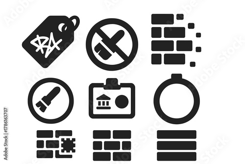 Preservation vs Erasure Icons. Solid style icons of preservation vs erasure dynamics: crossed-out tag glyph, fading wall icon,