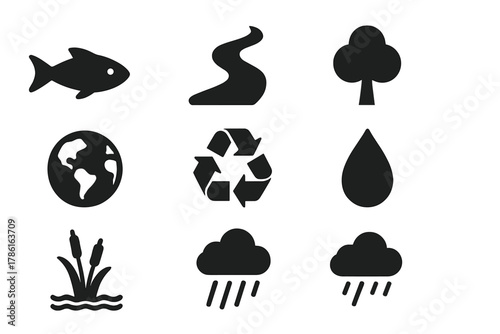 Environmental Protection Icons. Solid style icons of environmental protection: fish, river, tree, recycling symbol, globe, droplet