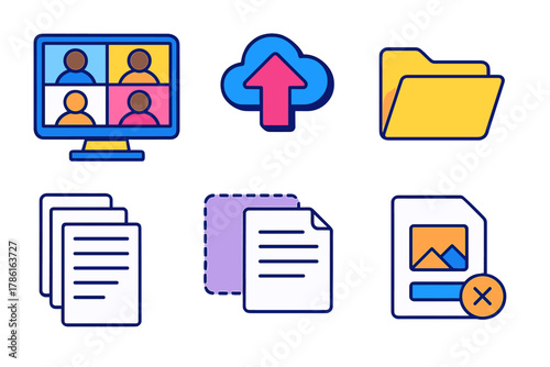 Virtual Meeting Icons. Isometric vector illustration set Virtual meetings – file sharing pane, upload icon, download icon; shared