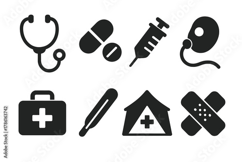 Medical Relief Icons. Solid style icons of medical relief: stethoscope, pills, syringe, oxygen mask, first aid kit, thermometer,