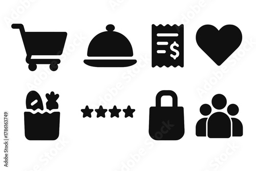 Solid Consumer Icons. Solid style icons of consumer choice: shopping cart, restaurant cloche, receipt, heart, food bag, star