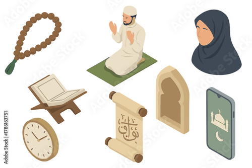 Islamic Devotion Symbols. Isometric vector illustration set of Islamic: prayer beads, man in thobe praying, woman in hijab. Quran