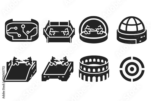 Robot Joust Arena Icons. Solid style icons of robot joust arenas: circuit-lined jousting track, barrier-separated lanes, energy