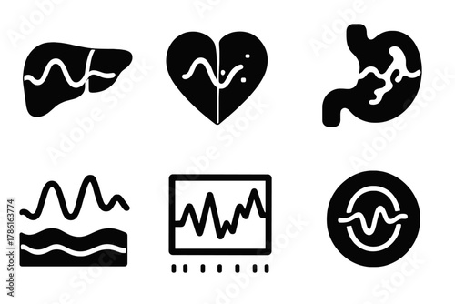 Quantum Organ Icons. Solid style icons of superposition in organ function: liver with wave overlay, dual-state heart icon, organ