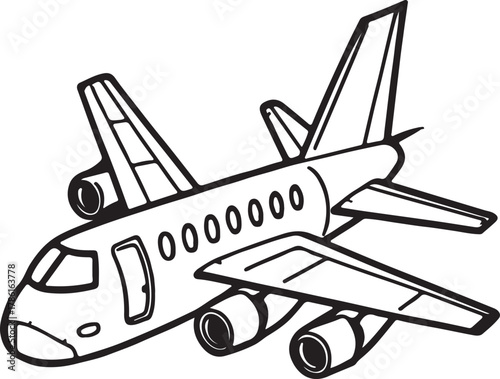 Black and White Line Drawing of Commercial Jet Airplane – Stylized Aviation Illustration