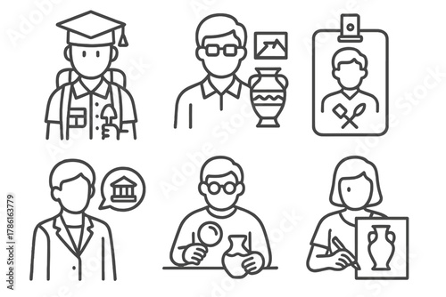 Archaeology Career Icons. Line style icons of career paths in archaeology: graduate in field gear, museum curator symbol, site