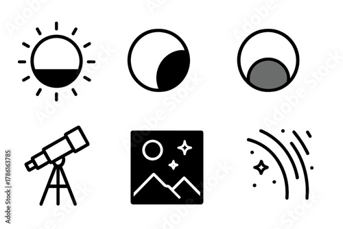 Lunar Eclipse Icons. Line style icons of Lunar Eclipse: Red-Tinged Moon, Shadow Arc, Umbra Phase, Penumbra Layer, Telescope Lens,